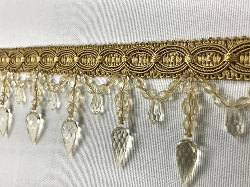 Antique Gold Tassel Fringe Trim with Lucite Crystal Beads 4" Width TF-32/12 Upholstery/Drapery/Interior Design/Home Furnishings