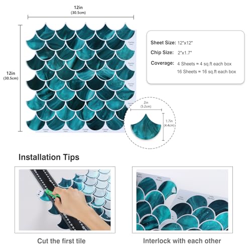 CRE8TIVE 4 Sheets Teal Green Fish Scale Peel and Stick Backsplash for Kitchen Bathroom Tiles Peel and Stick Waterproof Shower Tile Adhesive Backsplash Shell Stick on Wall Tile for Laundry Room 12"x12" - size: 12"x12" (4-Sheets)