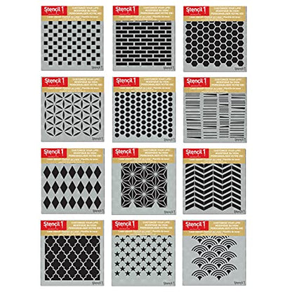 Mixed Media 12 Pack Pattern Stencil Set - Checkers, Bricks, Hexagons, Moroccan, Dots, Thatched, Diamonds, Asian Star, Chevron, Quatrefoil, 50 Stars, Scallop, Laser Cut Mylar each 5.75”x 6” by Stencil1 - color: Mixed Media 12 Pack Pattern Stencil Set