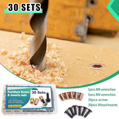 Twidec/30 Sets 1/4-20x15mm Threaded Inserts for Wood Furniture Screw Nut Kit Bolt Fastener Connector with 1/4-20x20mm Screw-in Nuts and Hex Wrench N-083-30set - size: 1/4-20x 15mm