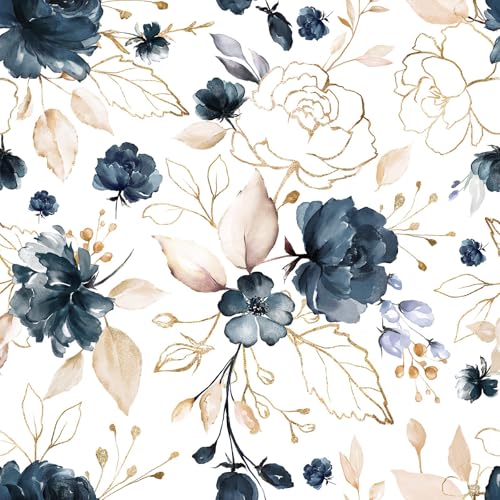 Navy Blue Floral Peel and Stick Wallpaper 17.7"x118" - color: Navy Blue/White/Gold/Beige, size: 17.7" x 118"