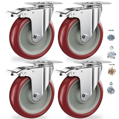 5" Heavy Duty Plate Casters with Brake, Set of 4 - color: Red, size: 5 inch