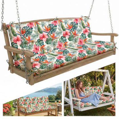 Oxford Fabric Swing Cushions with Backrest & Tie Straps for Patio Bench - color: Red Floral With Green Leaf