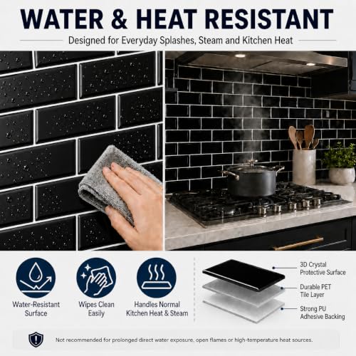 Zimtty Peel and Stick Subway Tile Backsplash for Kitchen Bathroom, Self Adhesive Wall Tiles, 10-Sheet 12"×12" - color: Black