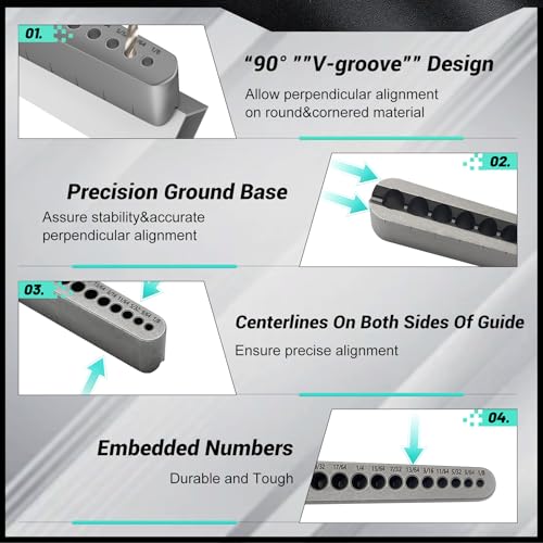 STD1000DGNP Drill Guide for Straight Holes, 17 Drill Sizes, From 1/8" to 3/8", in 1/64" Increments, Heat-Treated Steel, Drill Jig Block, Drill Bit Guide, Lifetime Free Replacement