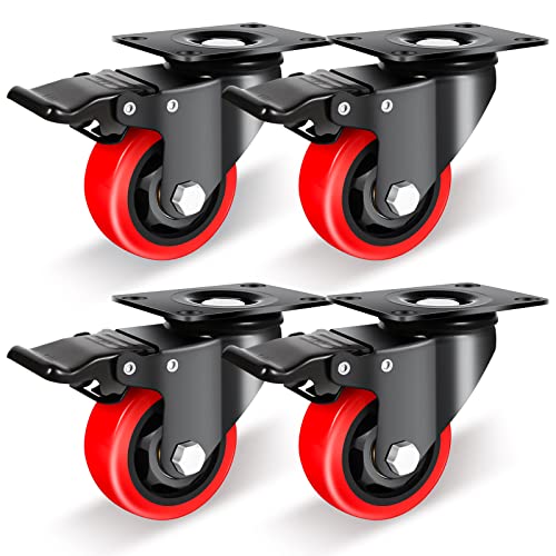 Nefish Casters Wheels Set of 4, 3 Inch Heavy Duty Caster with Brake 1200 Lbs, Safety Dual Locking Plate Castors, Top Swivel Wheels, No Noise Polyurethane for Furniture, Dollies, Trolleys - size: 3 IN