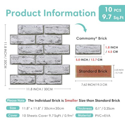 Commomy Faux Brick Wall Panels Peel and Stick Thin PVC 10 Pcs 11.8" x 11.8" - color: Brick-UH