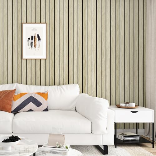 Light Oak Slat Wall Paneling 3D Foam Fluted Wood Slat Wallpaper Peel and Stick 16.8"x196" Acoustic Panels for Interior Wall Removable Wood Contact Paper for Living Room Cabinets Bedroom - size: 16.8" x 196"