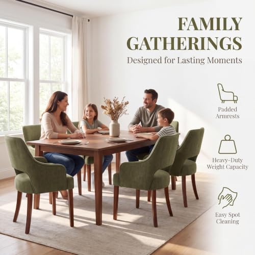 chairus Farmhouse Dining Chairs with Arms Set of 4, Chenille Upholstered Kitchen Chairs, Curved Open Back Dining Room Chairs with Thick Cushion & Walnut Wood Legs, Green - color: Green