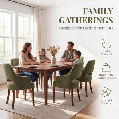 chairus Farmhouse Dining Chairs with Arms Set of 4, Chenille Upholstered Kitchen Chairs, Curved Open Back Dining Room Chairs with Thick Cushion & Walnut Wood Legs, Green - color: Green
