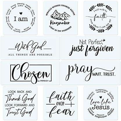 10 Set Farmhouse Christian Stencil, with God All Things are Possible Faith Waymaker Bible Verse Sign Motivational Painting Stencils for Home Office Wall Decor Reusable Template DIY Wood Sign - style: Farmhouse Bible Verse