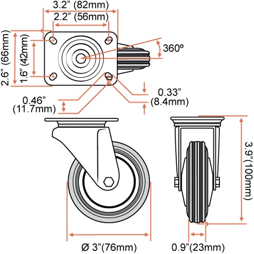 12 Pack 3" Swivel Caster Wheels Rubber Base with Top Plate & Bearing Heavy Duty (12 Pack - no Brake) - size: 3 inches - 12 pack - No Brake