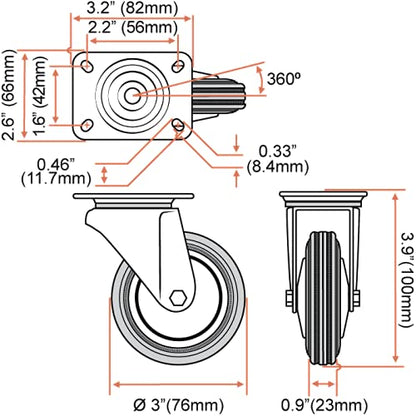 12 Pack 3" Swivel Caster Wheels Rubber Base with Top Plate & Bearing Heavy Duty (12 Pack - no Brake) - size: 3 inches - 12 pack - No Brake