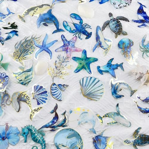 50pcs Ocean Animal Stickers for Laptop Water Bottles, Gold stamp Transparent PET Waterproof Adhesive Fish Decal Under The Sea Marine Life Sticker for Kids Birthday Party Scrapbook Gift box(Gold stamp) - color: Gold Stamp