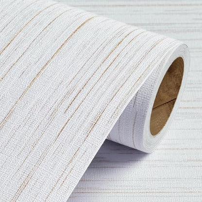 Livelynine 15.8x197 White and Gold Textured Peel and Stick Wallpaper Stripes Vertical Grasscloth Linen Cloth Fabric RV Wallpaper Replacement Camper Renter Friendly Textured Contact Paper for Cabinets - size: 15.8" x 197"