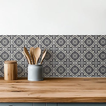 30 Count Moroccan Tile Decals 4 in – Self Adhesive Vinyl Wall Stickers, Waterproof Peel & Stick for Kitchen Backsplash, Bathroom, Stair Tread Accent, Neutral Tan/Black (Grey) - color: Grey