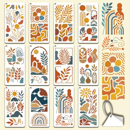 12 Sheets Boho Scene Stencil for Painting, Abstract Aesthetic Stencil Flower Leaf Sun Moon European Floral Drawing Stencils Reusable Art Template for Painting on Wall Wood Home Decor - style: Boho Scene