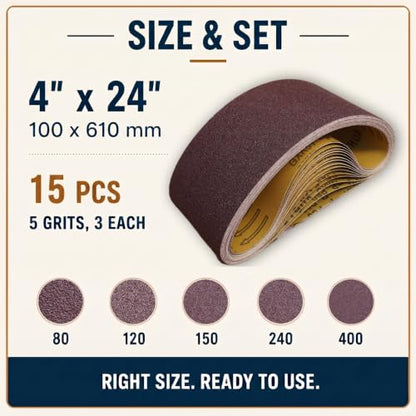 4x24 Sanding Belts, 15 Pack, 3 Each of 80/120/150/240/400 Grits - size: 4 x 24 in, 15-Pack
