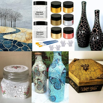 Crackle Paste & Metallic Acrylic Paints Set for Wood/Canvas/Furniture - color: Crackle Paste+Metallic Paints +Tools