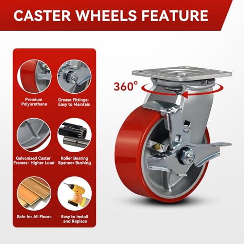 5"x2" Industrial Casters- Heavy Duty casters,Polyurethane Casters Wheel,Capacity up to 4000 Lb. Use for Platform Truck, U-Boat Cart,Workbenches(4 Brake) - style: 5 inch