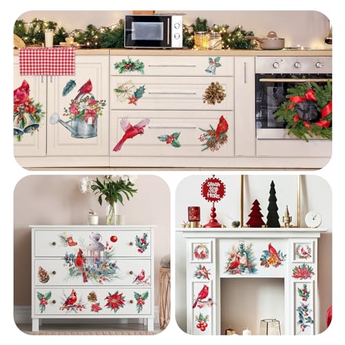 BBTO 12 Sheets Christmas Rub on Transfers for Crafts and Furniture Christmas Rub on Transfer Stickers Winter Decals for Wood DIY Paper Home Decor, 5.5 x 5.7 Inch(Cardinal) - style: Cardinal