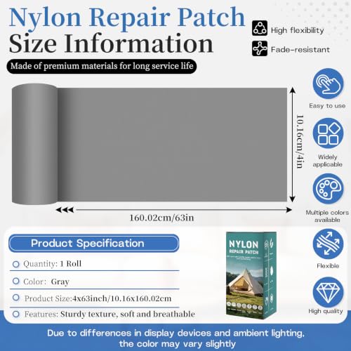 Nylon Tent Repair Tape, Self-Adhesive Fabric Patch Kit Gray - color: Gray