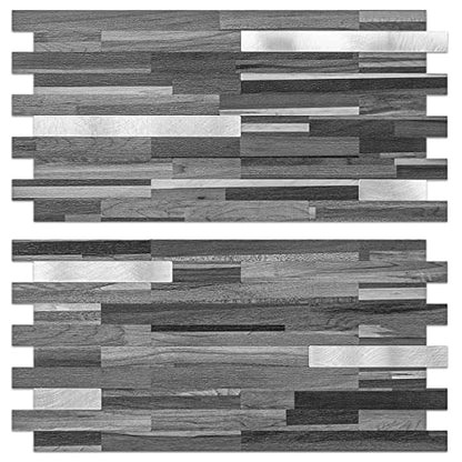 AULIGET 20 Sheets Peel and Stick Backsplash, Black & Grey Wood Look PVC Mixed Metal Stick on Backsplash Tiles for Kitchen - color: Black Grey Wood + Metal Silver, size: 20 Sheets, 6"x12"x0.12"