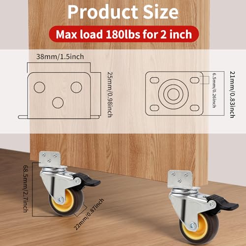 HOD Side Mount Casters with Brake, 2 Inch L-Shaped Small Caster Wheels Set of 4, Furniture Casters 360° Swivel Wheels for Furniture, Table, Baby Bed, Carts Trolley, Cabinet, Loading Capacity 180Lbs - style: 2-inch Brakes