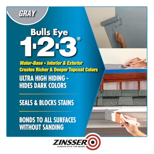 Zinsser 286258-4PK Bulls Eye 1-2-3 All Surface Primer, Quart, Gray, 4 Pack - color: Gray, size: Quart (Pack of 4)