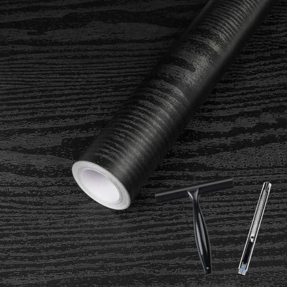 Abyssaly Black Wood Grain Contact Paper Peel and Stick Wallpaper Vinyl Wrap - color: Black, size: 17.7" x 118"