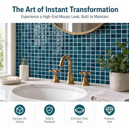 3D Mosaic Peel and Stick DIY Backsplash Tiles (24, Deep Ocean Teal) - color: Deep Ocean Teal