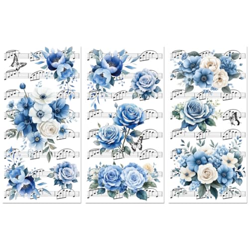 Peacoblue Flowers Music Notes Rub On Transfers for Furniture 6"x12" - style: Blue Flowers and Music Notation