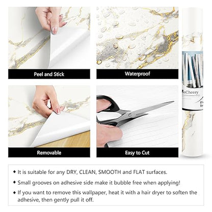 LACHEERY 317 x 36 Inch Extra Wide White and Gold Marble Wallpaper Peel and Stick Waterproof for Kitchen Countertop Contact Paper Heat Resistant Removable Large Roll Marble Wall Paper Kitchen Island - size: 36" x 317"