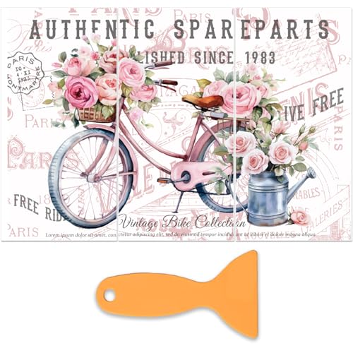 PLIGREAT 3 Sheets Flower Bicyle Rub on Transfer Stickers for Crafts Waterproof UV Pink Floral Rub on Decals for Furniture Cabinet Dressers Ceramic Scrapbooking Transfer Paper, 6"x12" - style: Flower Bicyle