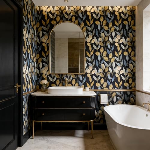Black and Gold Leaf Peel and Stick Wallpaper 17.7" x 70.8" - color: Blue/gold/Black, size: 17.7" x 70.8"