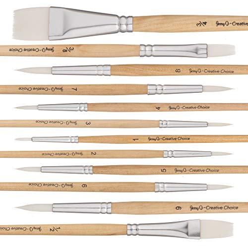 Jerry Q Art 12 PC White Synthetic Hair Round and Flat Paint Brush Set with Short Wood Handle for Acrylic, Watercolor and All Media JQ17931