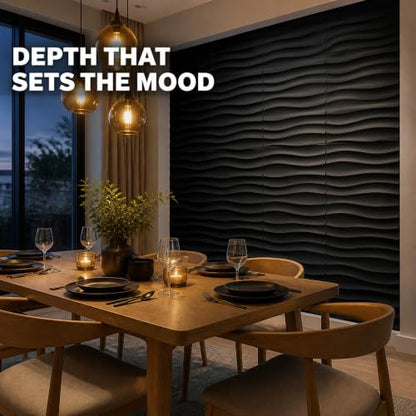 Chunful 30 Pcs 28.81 Sq ft 3D Wall Panels PVC Wave Design,11.8" x 11.8" Wall Panels Brick Wallpaper Waterproof for Interior Living Room Bedroom Decor(Black)