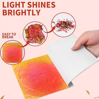 KINNO Variegated Gold Leaf Sheets 25 PCS with Rich Sunset Red，5.51*5.51inch - color: Sunset Red