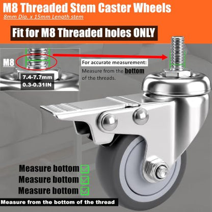 RILIDRI M8 Casters, 2 Inch Threaded m8-1.25 Caster Wheels with Locking Brakes, Set of 4 TPR Swivel Wheel for Standing Desk, 1KEA Carts, Rolling Cabinet - size: M8x15
