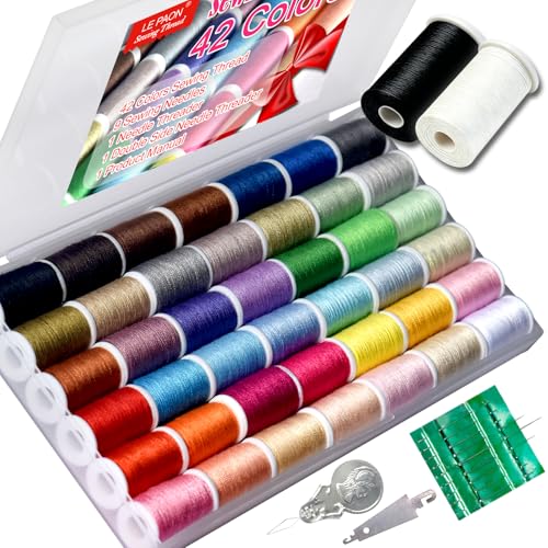 All Purpose Sewing Thread Set - 42 Assorted Rainbow Color Series and White Black Handy Polyester Thread Kit Includes 9 Hand Needles, 2 Needle Threaders, Suitable for Hand and Machine Sewing - color: 42 colors