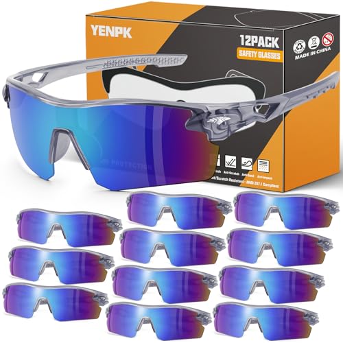 12 Pack Safety Glasses for Men, ANSI Z87.1 & UV Protective Eyewear - color: Blue Mirror & Gray Frame