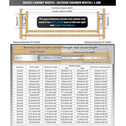 YENUO Locking Heavy Duty Drawer Slides Full Extension 12–60 Inch 500 LB - size: 14 Inch, style: Load:500 lb (With lock) -W:76mm