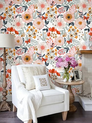 Peel and Stick Wallpaper Floral Wallpaper for Bathroom - color: Retro White