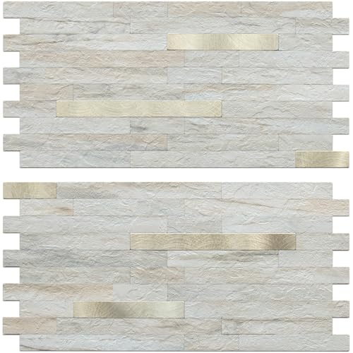 AULIGET 20 Sheets Faux Stone Peel and Stick Backsplash, Beige Marble Look PVC Wall Tile Stick on Backsplash for Kitchen and Bathroom - color: Beige Marble + Metal Gold, size: 20 Sheets, 6"x12"x0.12"