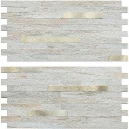 AULIGET 20 Sheets Faux Stone Peel and Stick Backsplash, Beige Marble Look PVC Wall Tile Stick on Backsplash for Kitchen and Bathroom - color: Beige Marble + Metal Gold, size: 20 Sheets, 6"x12"x0.12"