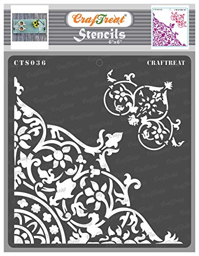CrafTreat Reusable Corner Stencils for Painting on Wood, Canvas, Paper, Fabric, Floor, Wall and Tile - Flourish Corner - 6x6 Inches - DIY Art and Craft Stencils - Rangoli Corner Stencil - style: Custom