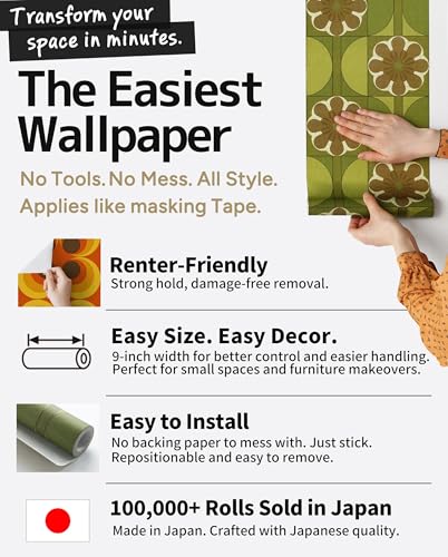Retro Groovy Floral Peel and Stick Wallpaper Removable Boho 70s 9in×19.7ft - color: Light Blue/Colorful