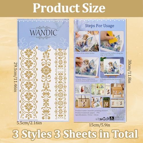 WANDIC 3 Sheets Gold Lace Rub On Transfer Stickers European Retro Scrapbook Stickers Window Decals Waterproof Decals Cup Wraps for DIY Furniture Photo Albums,15 * 30cm - color: Gold Retro Pattern 3