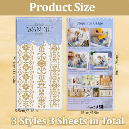 WANDIC 3 Sheets Gold Lace Rub On Transfer Stickers European Retro Scrapbook Stickers Window Decals Waterproof Decals Cup Wraps for DIY Furniture Photo Albums,15 * 30cm - color: Gold Retro Pattern 3