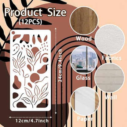 12 Sheets Boho Scene Stencil for Painting, Abstract Aesthetic Stencil Flower Leaf Sun Moon European Floral Drawing Stencils Reusable Art Template for Painting on Wall Wood Home Decor - style: Boho Scene